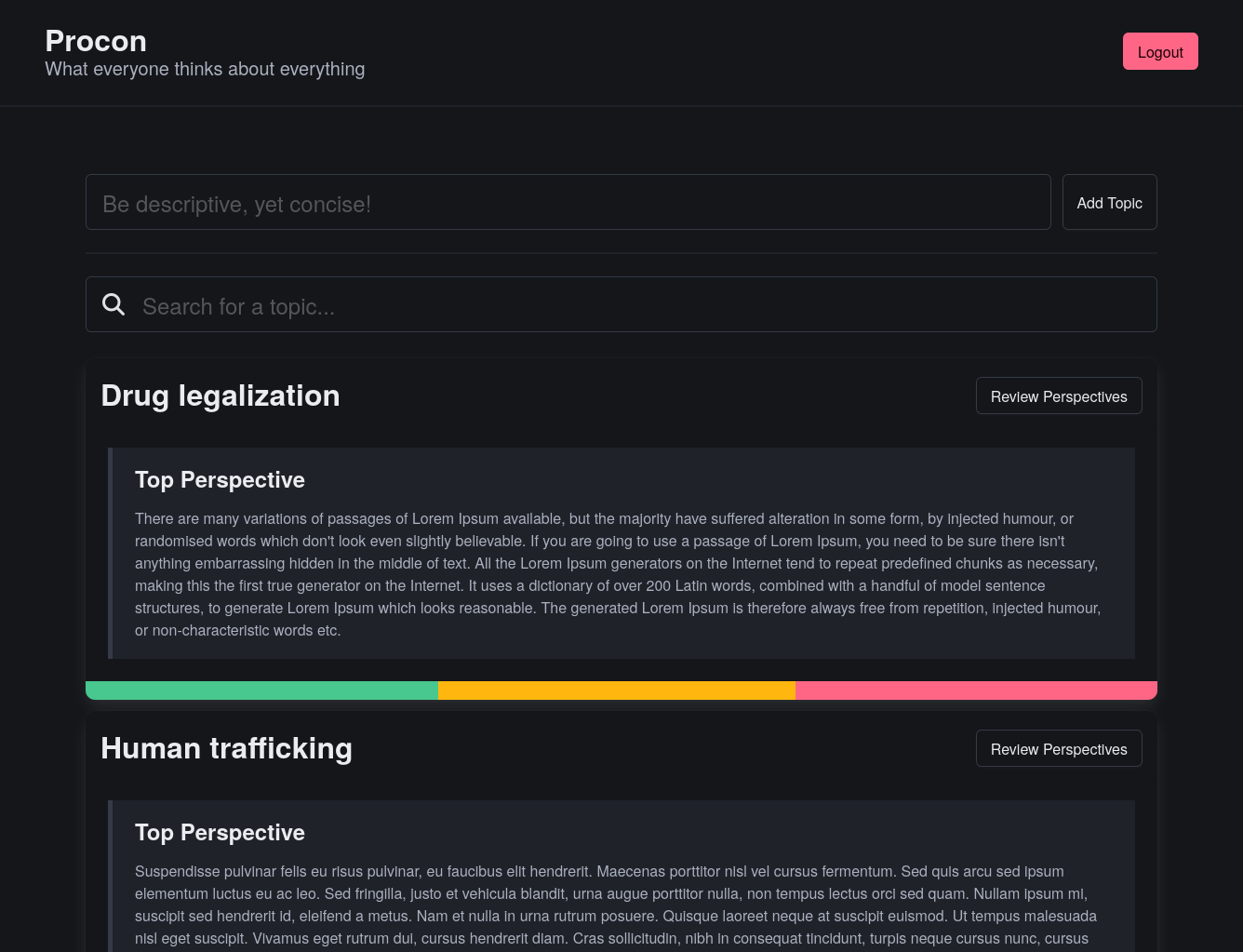 image of the home page of procon showing a list of topics, their most voted on perspectives, and the sum of the reactions to the perspectives